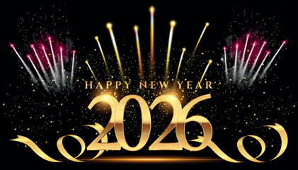 Happy New Year 2026 Celebration Graphic with Golden Fireworks, Sparkles, and Ribbons on Black Background