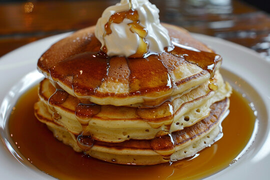 Delicious stack of fluffy pancakes dripping with golden syrup and topped with whipped cream.
