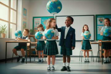 Diverse group of young school children wearing uniforms holding globes in a bright classroom, exploring environmental awareness, education, and global connectivity
