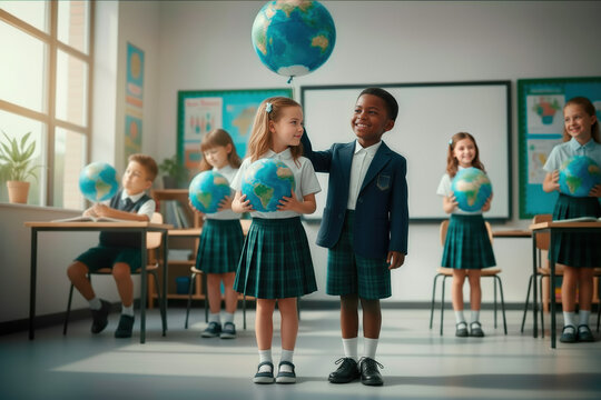 Diverse group of young school children wearing uniforms holding globes in a bright classroom, exploring environmental awareness, education, and global connectivity