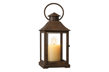 Vintage metal lantern holding lit candle, transparent background