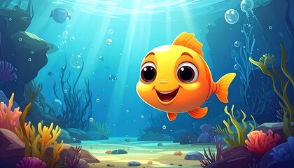 Cute cartoon fish swimming underwater in the ocean with vibrant scenery