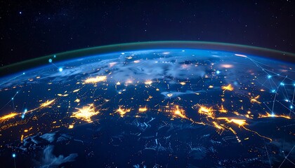 Earth at night with city lights and a network of data connections