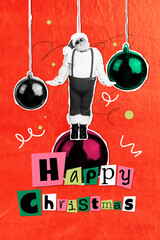 3d image art pop trend collage of excited old man santa claus stand new year tree decoration bauble ball merry christmas event