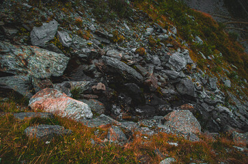 Moody Texture of Rugged Alpine Slope Covered in Boulders, Scree, and Dry Grass.