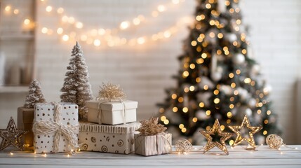 Festive Christmas tree glows with warm lights amidst beautifully wrapped gifts and sparkling decorations.