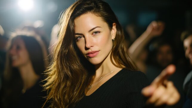 A portrait of an attractive blonde woman mid-dance in a lively night setting. Focus on her beauty and the glow of the club lights.