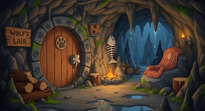 Cozy Wolfs Lair Cave Interior with Fireplace and Wooden Door.