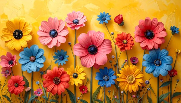 Colorful floral arrangement of various flowers against a vibrant yellow backdrop