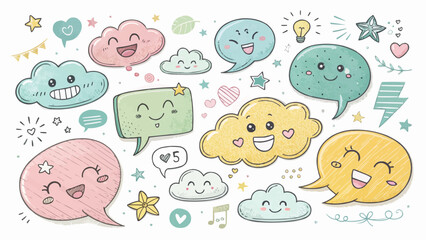 Illustration of various cartoon speech bubbles and cloud shapes with happy faces and other doodle elements