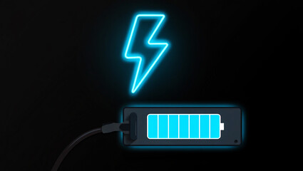 Bright blue lightning bolt above charging battery indicator energy power