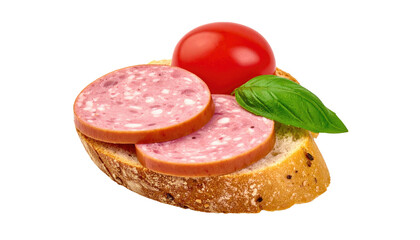 Sliced sausage on toasted bread with tomato and basil