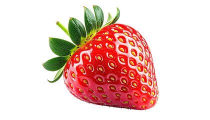 Close-up of a single, vibrant red strawberry with green leaves.  The strawberry's surface is glossy and shows many tiny seeds