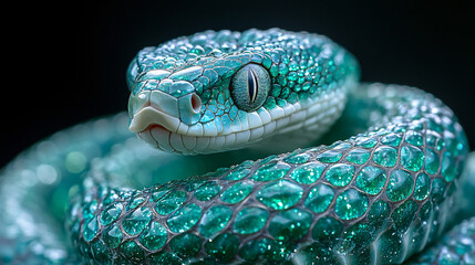 Close-Up Of Fantasy Emerald Green Snake With Iridescent Scales And Intense Eye.