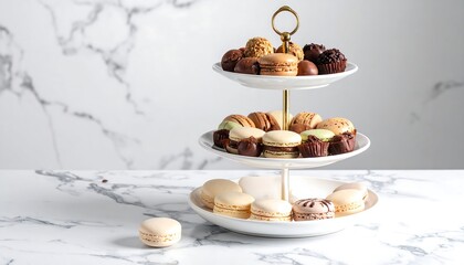 Delicious Macarons and Chocolates Arranged on a Tiered Dessert Stand