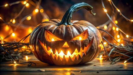 Scary jack o lantern with glowing eyes and teeth