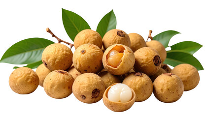 Cluster of ripe, light-brown fruits, some halved, with lush green leaves