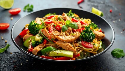 Delicious and colorful chicken noodle dish with fresh vegetables in a black bowl