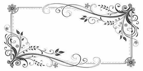 Floral decorative frame with swirls leaves and flowers in black and white elegant design for backgrounds