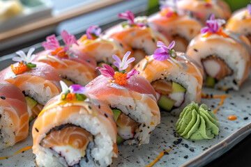 Artfully arranged sushi rolls with fresh salmon and colorful garnishes, a delightful culinary presentation.