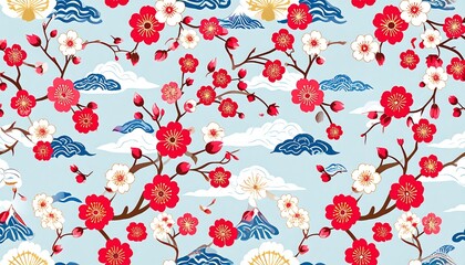 Elegant Japanese Floral Pattern: Cherry Blossoms and Mountain Scenery Design