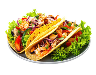 Three vibrant seafood tacos on a plate.  Fresh, colorful fillings of shrimp, squid, and clams atop crisp tortillas, with lettuce, tomato, and red onion