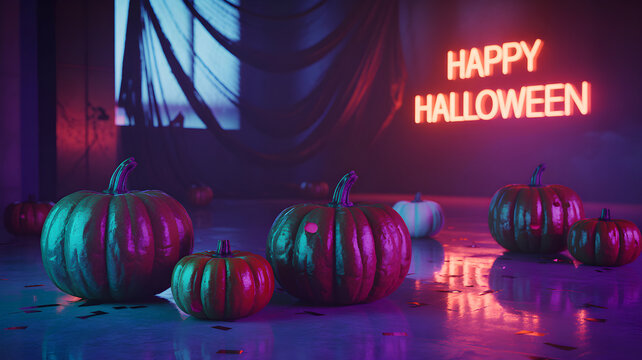Pumpkins reflecting neon happy halloween light