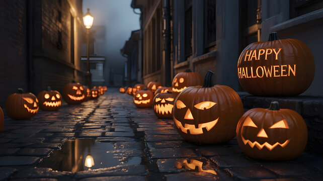 Halloween pumpkins glowing in dark alley at night