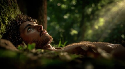 Adam hides among dense fig trees after the fall, embodying shame, loss of innocence, and humanity’s first awareness of separation from God.
