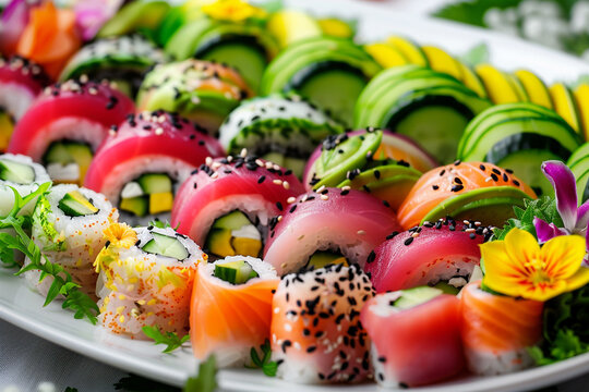 Vibrant platter of assorted sushi rolls with fresh ingredients and edible flowers, a delicious culinary delight.