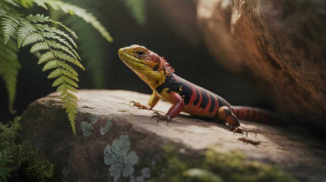 Vibrant red yellow lizard observing forest environment
