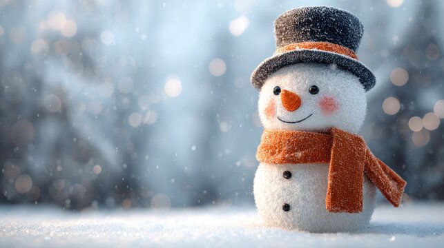 Cheerful snowman with orange scarf and hat in a snowy winter landscape with soft bokeh lights