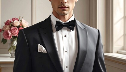 Elegant man in tuxedo with a bow tie, ready for a special event or wedding