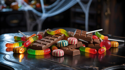 Halloween candy pile on dark wooden table