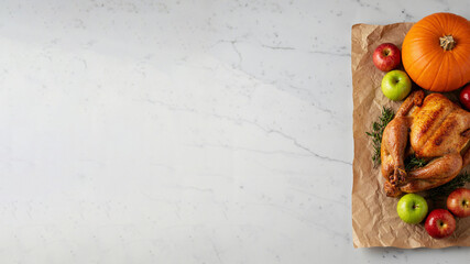 Roasted turkey with apples and pumpkin top view on marble background (copy space)