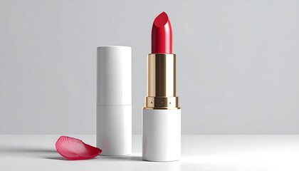 Elegant Studio Shot of Red Lipstick and a Petal on a White Background