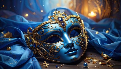 Elegant Venetian Mask on a Blue Fabric Background with Bokeh Lights