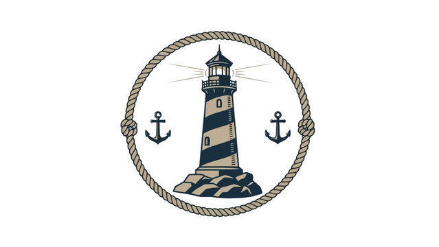 Vintage style lighthouse logo with anchor and rope in circular shape