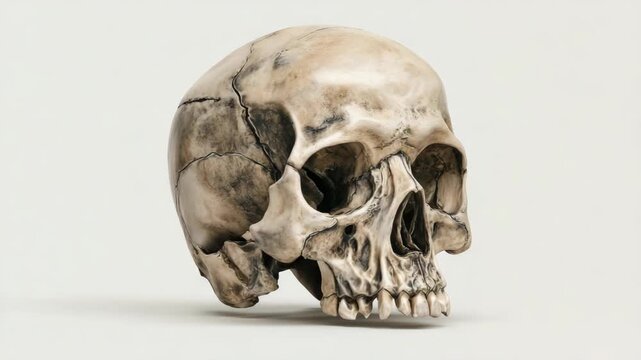 A realistic human skull with detailed bone textures and aging marks, shown in a naturalistic style on a plain white background, symbolizing mortality