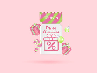 3D Christmas gift voucher coupon banner for Discount online shopping with gift box, Candy cane decorations background. Vector Premium.
