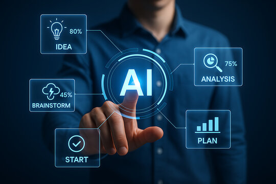 Artificial intelligence concept with businessman pressing digital AI interface surrounded by analysis statistics and planning icons - Powered by Adobe