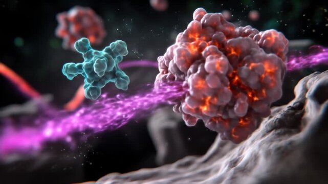 A 3D illustration of targeted immunotherapy where a T-cell or nanoparticle attacks a malignant cancer cell on a microscopic level