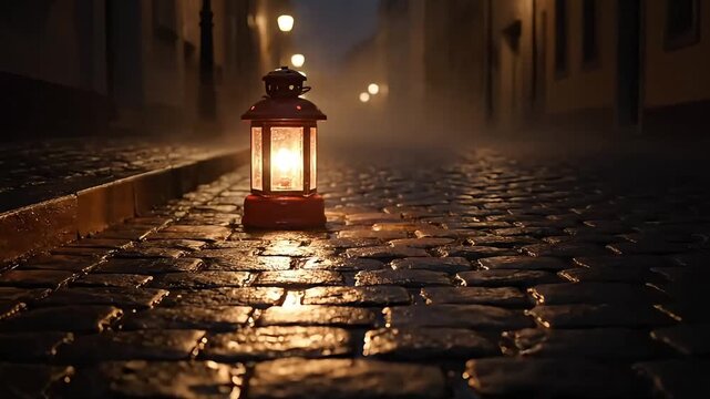 Vintage lantern glowing on a wet cobblestone street at night in a foggy, mysterious old town alley