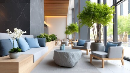 Obraz premium Modern lobby design featuring comfortable seating, lush greenery, and large windows that let in natural light, creating an inviting and stylish atmosphere for guests and visitors.