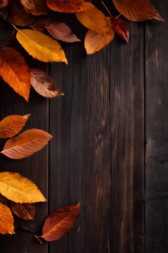 Fototapeta Autumn leaves frame a dark wooden surface, showcasing a warm, seasonal aesthetic with vibrant hues and natural textures.