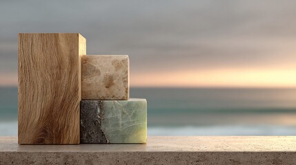 Stacked cube pedestals, wood and stone, on a textured surface, blurred ocean backdrop