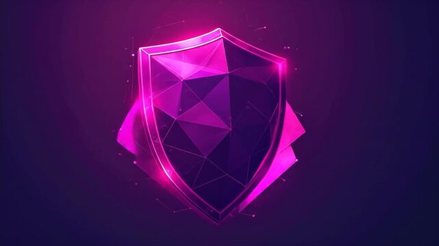 Glowing pink polygonal shield icon for digital security and cyber protection on an abstract purple background