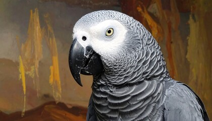 Fototapeta premium Detailed Close-up of an African Grey Parrot with Colorful Abstract Background