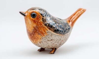 Obraz premium Ceramic bird figurine with orange and gray plumage on white surface.