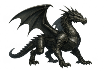 Black fantasy armored dragon standing against transparent background